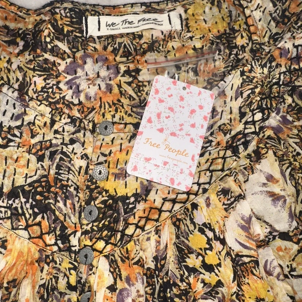 Free‎ People NWT Cool Meadow Top Buttondown Print Ruched Scoop Neck Blouse XS